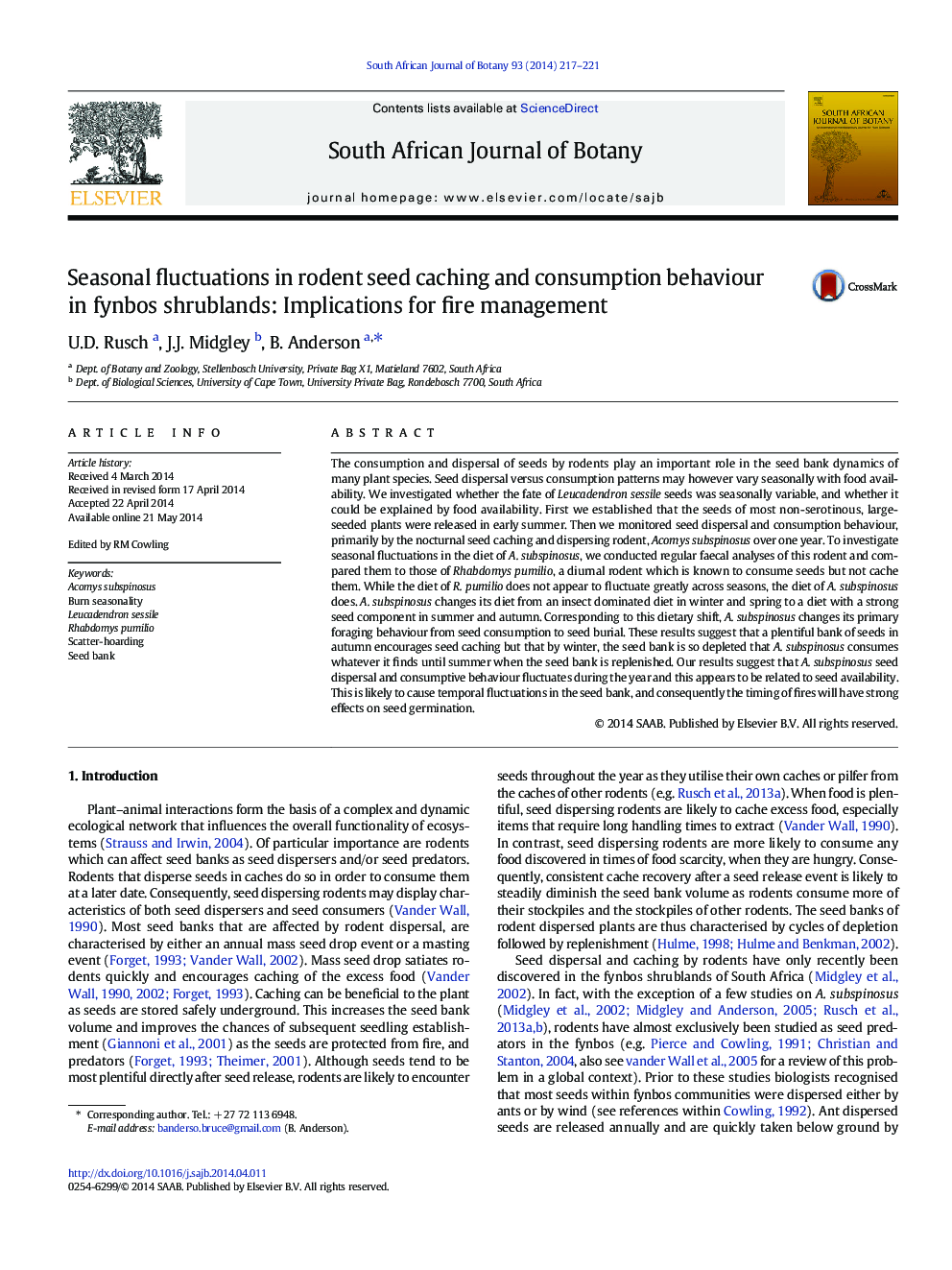 Seasonal fluctuations in rodent seed caching and consumption behaviour in fynbos shrublands: Implications for fire management