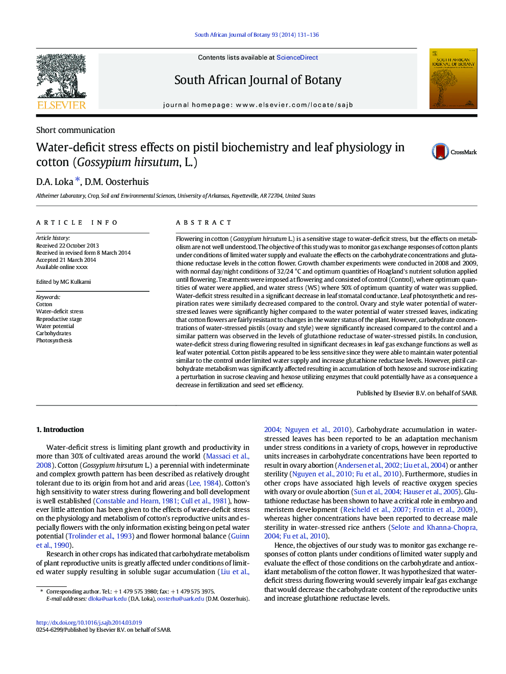 Water-deficit stress effects on pistil biochemistry and leaf physiology in cotton (Gossypium hirsutum, L.)