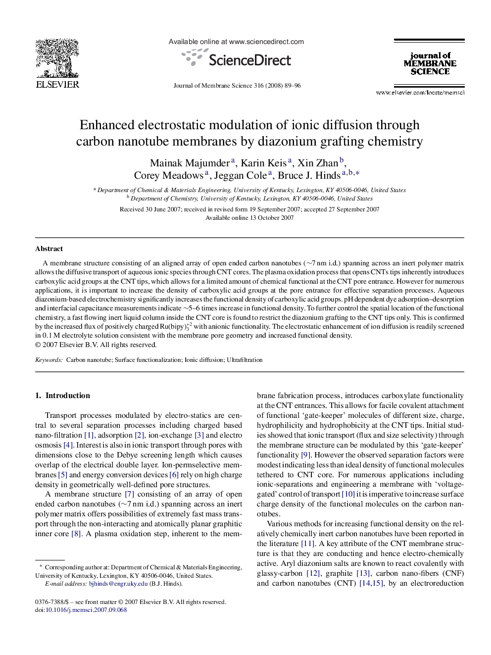 Enhanced electrostatic modulation of ionic diffusion through carbon nanotube membranes by diazonium grafting chemistry