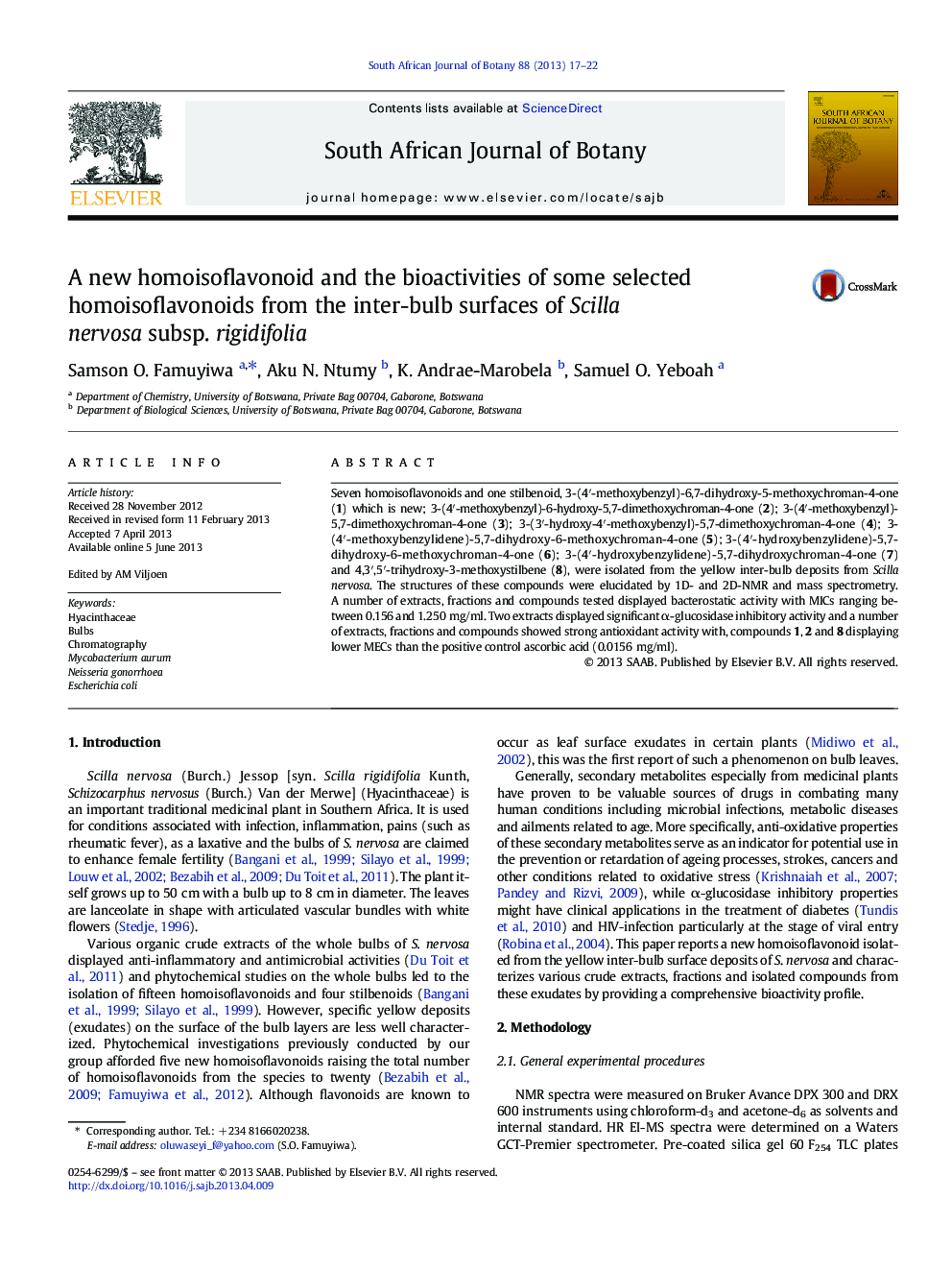 A new homoisoflavonoid and the bioactivities of some selected homoisoflavonoids from the inter-bulb surfaces of Scilla nervosa subsp. rigidifolia