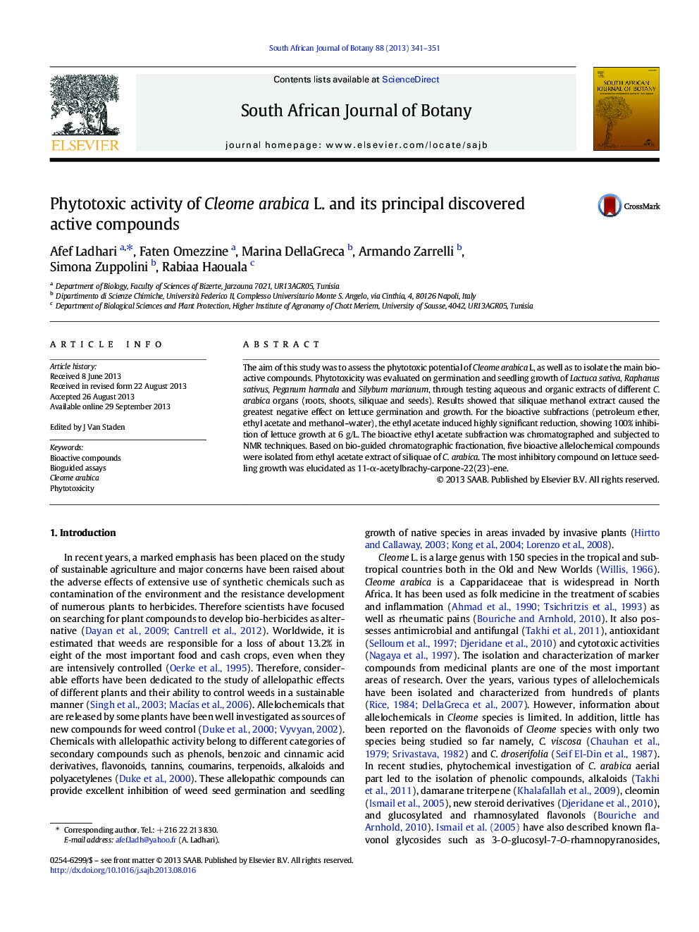 Phytotoxic activity of Cleome arabica L. and its principal discovered active compounds