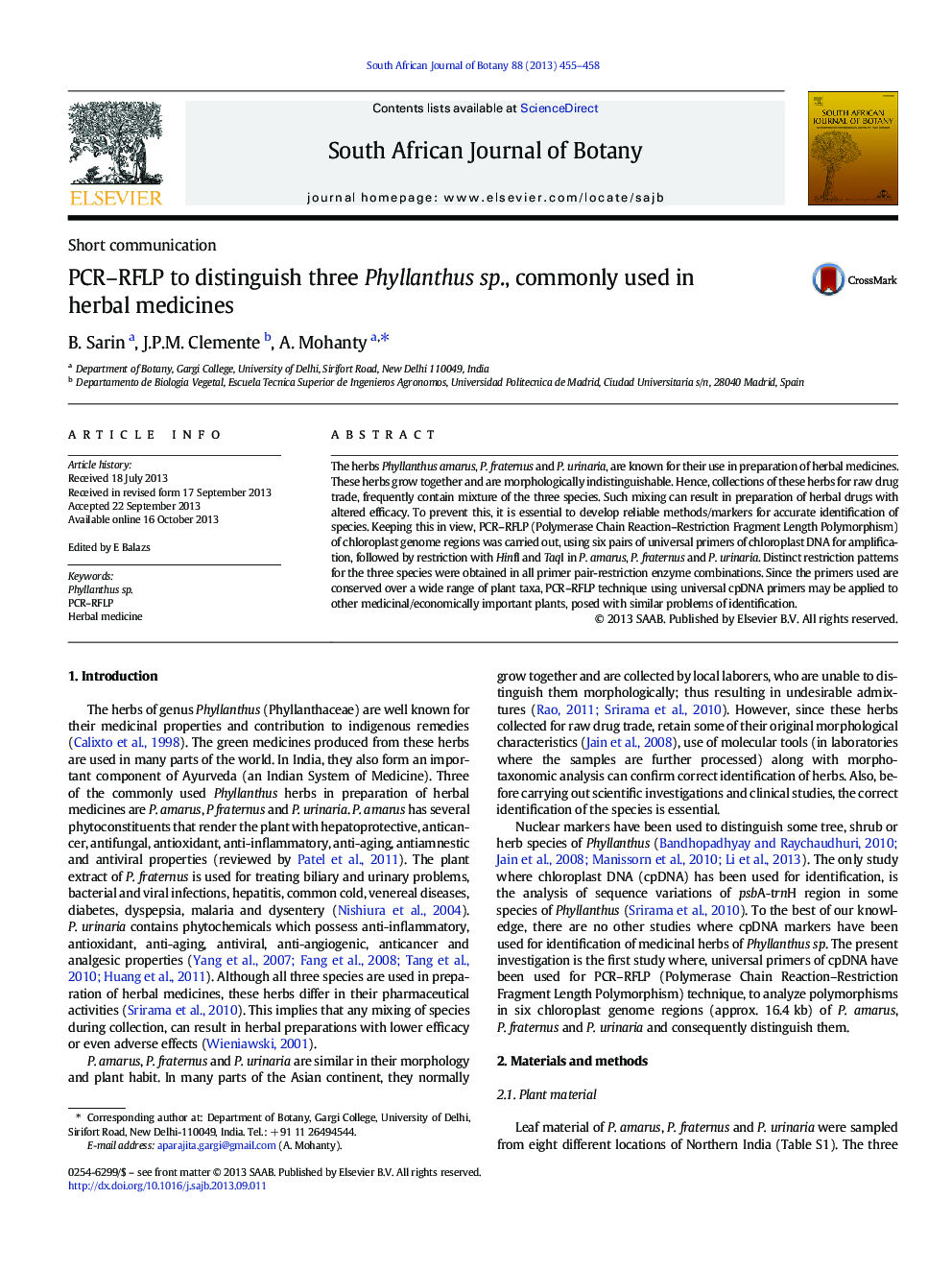 Short communicationPCR-RFLP to distinguish three Phyllanthus sp., commonly used in herbal medicines