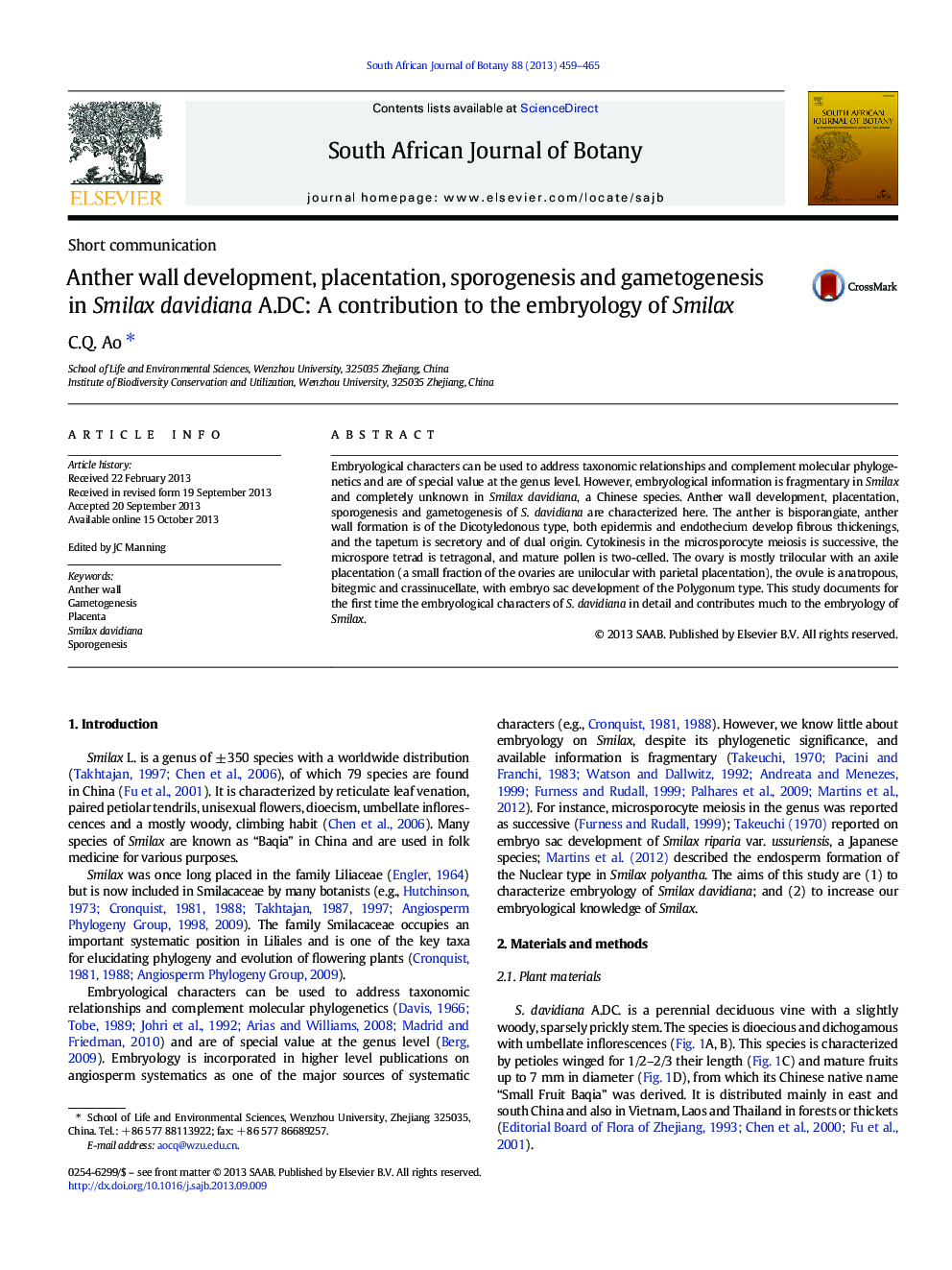 Anther wall development, placentation, sporogenesis and gametogenesis in Smilax davidiana A.DC: A contribution to the embryology of Smilax
