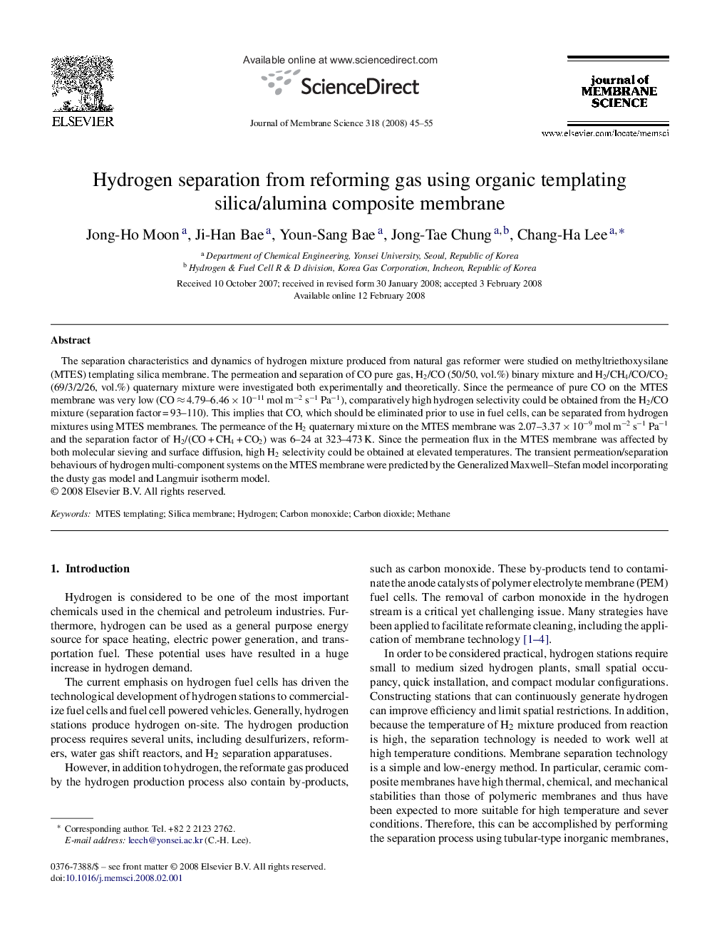 Hydrogen separation from reforming gas using organic templating silica/alumina composite membrane