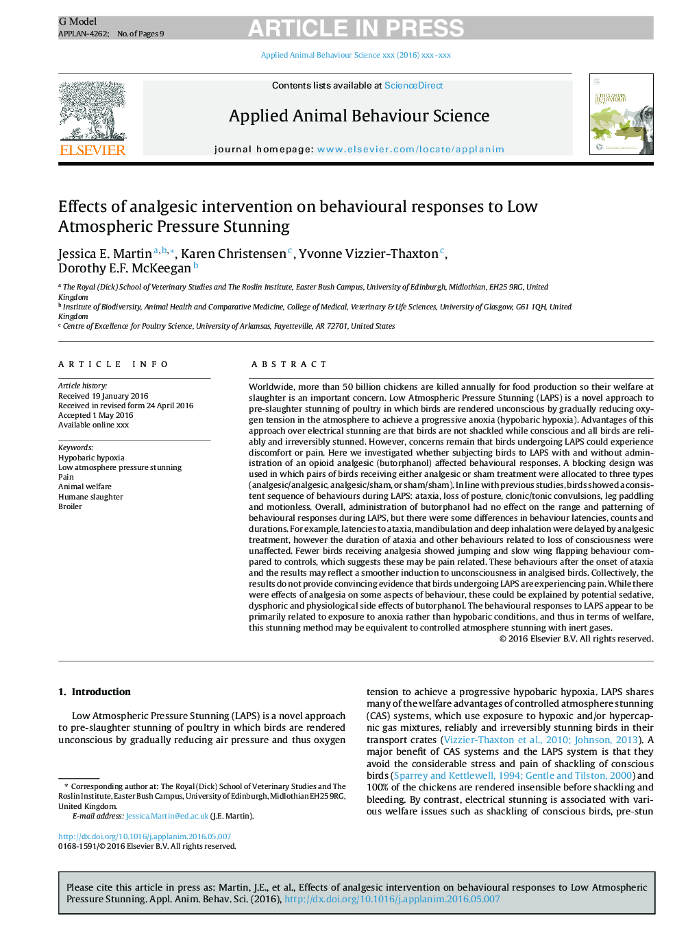 Effects of analgesic intervention on behavioural responses to Low Atmospheric Pressure Stunning