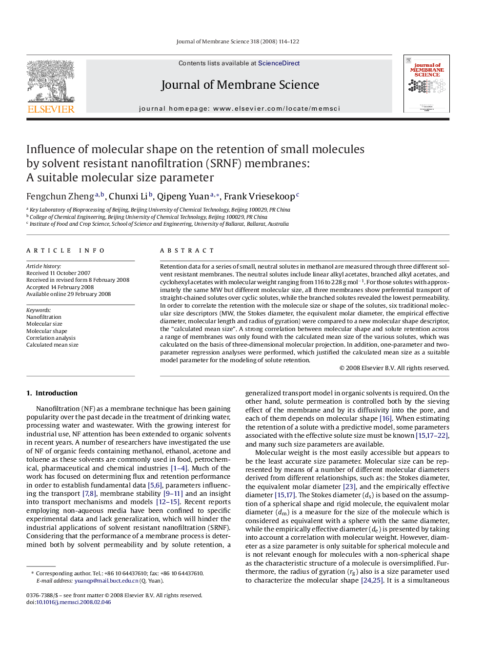 Influence of molecular shape on the retention of small molecules by solvent resistant nanofiltration (SRNF) membranes: A suitable molecular size parameter