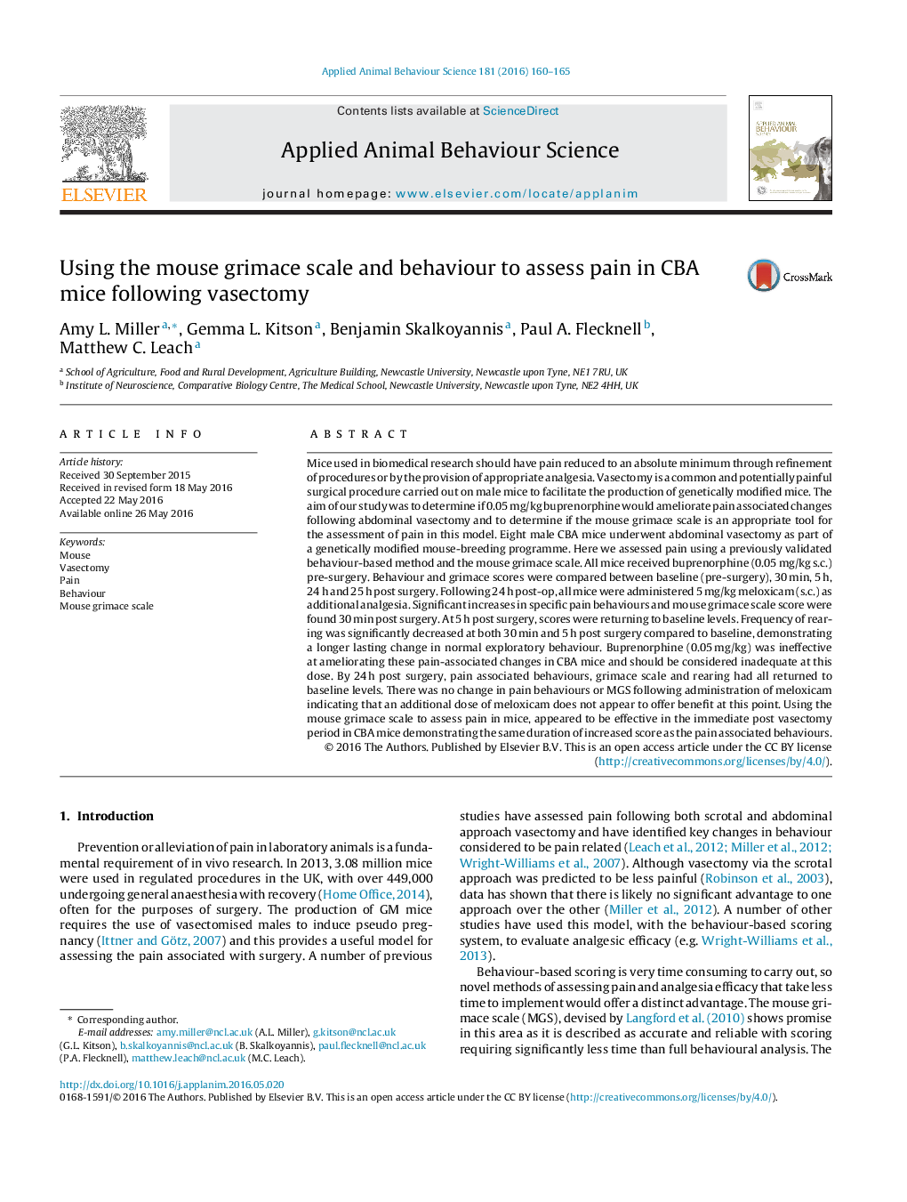 Using the mouse grimace scale and behaviour to assess pain in CBA mice following vasectomy