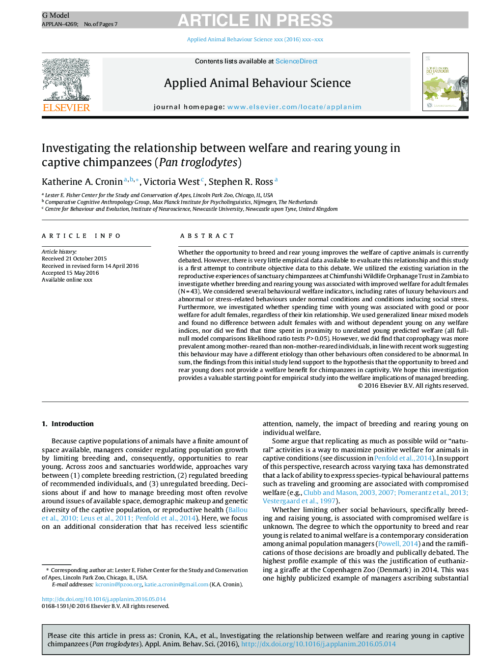 Investigating the relationship between welfare and rearing young in captive chimpanzees (Pan troglodytes)