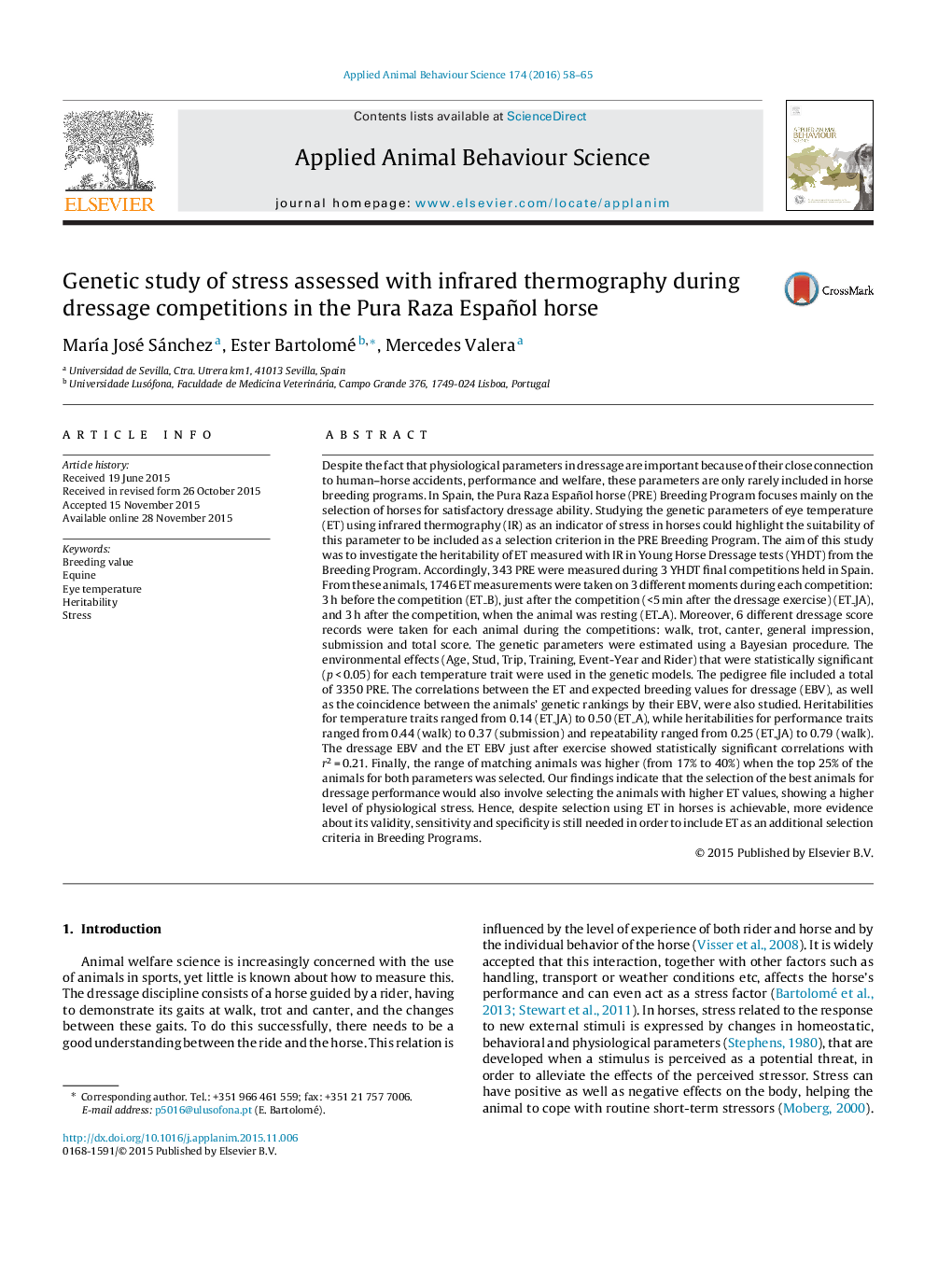 Genetic study of stress assessed with infrared thermography during dressage competitions in the Pura Raza Español horse