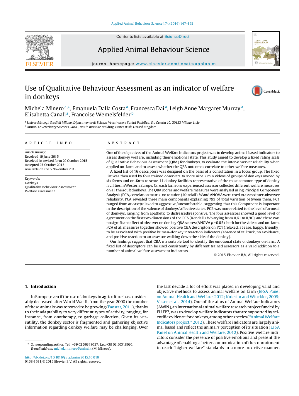 Use of Qualitative Behaviour Assessment as an indicator of welfare in donkeys