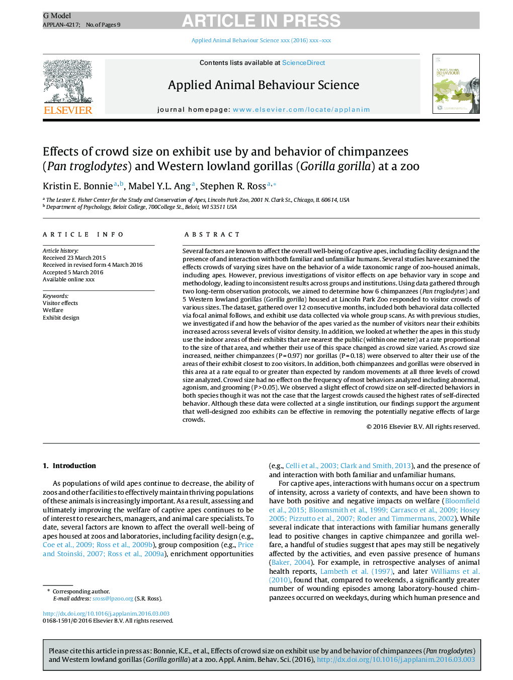 Effects of crowd size on exhibit use by and behavior of chimpanzees (Pan troglodytes) and Western lowland gorillas (Gorilla gorilla) at a zoo