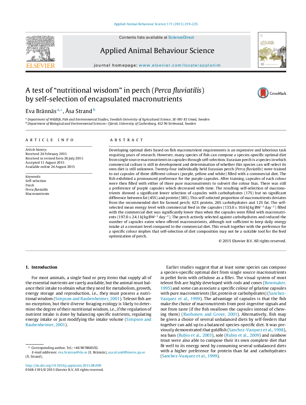 A test of “nutritional wisdom” in perch (Perca fluviatilis) by self-selection of encapsulated macronutrients