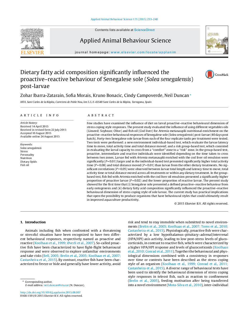 Dietary fatty acid composition significantly influenced the proactive-reactive behaviour of Senegalese sole (Solea senegalensis) post-larvae