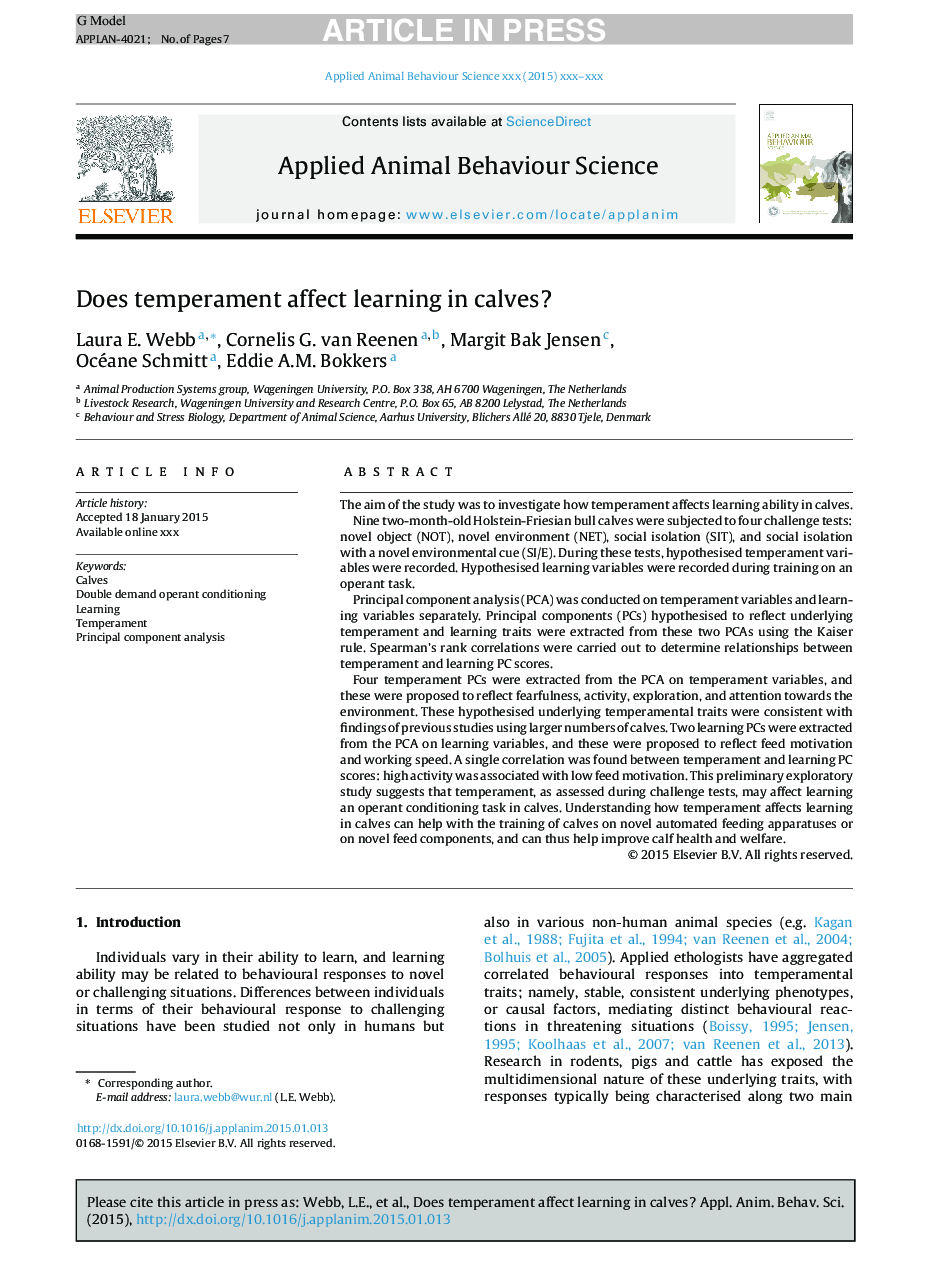 Does temperament affect learning in calves?