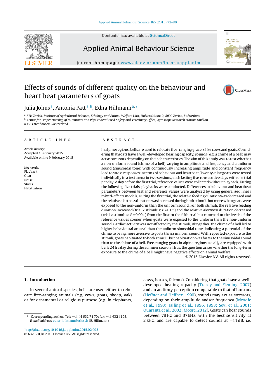 Effects of sounds of different quality on the behaviour and heart beat parameters of goats