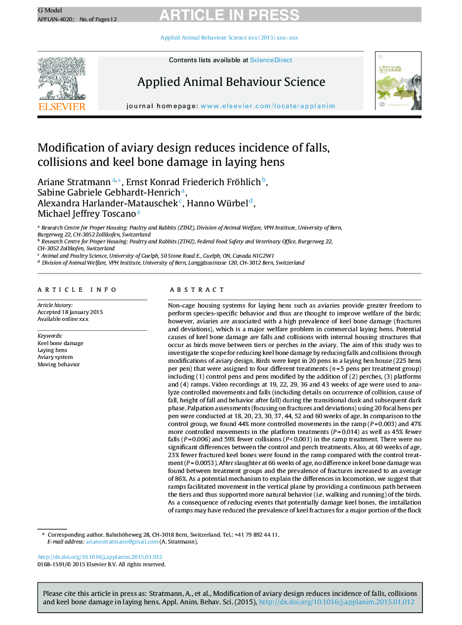 Modification of aviary design reduces incidence of falls, collisions and keel bone damage in laying hens