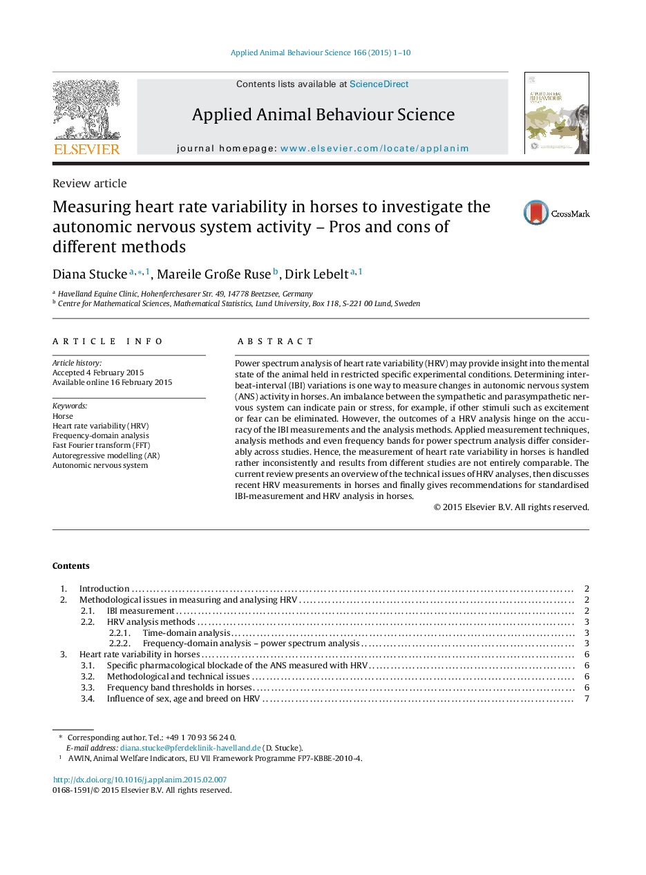 Review articleMeasuring heart rate variability in horses to investigate the autonomic nervous system activity - Pros and cons of different methods