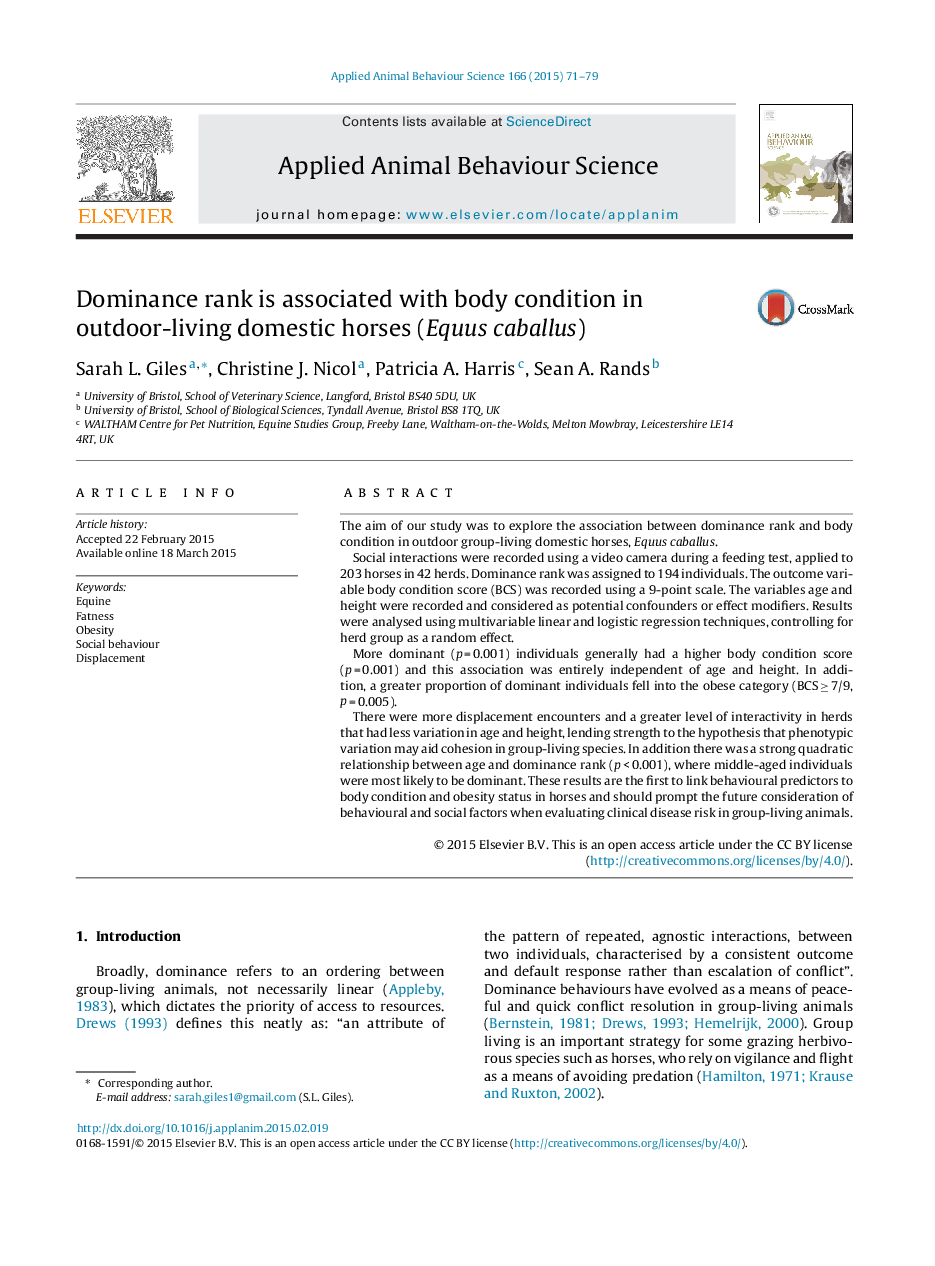 Dominance rank is associated with body condition in outdoor-living domestic horses (Equus caballus)