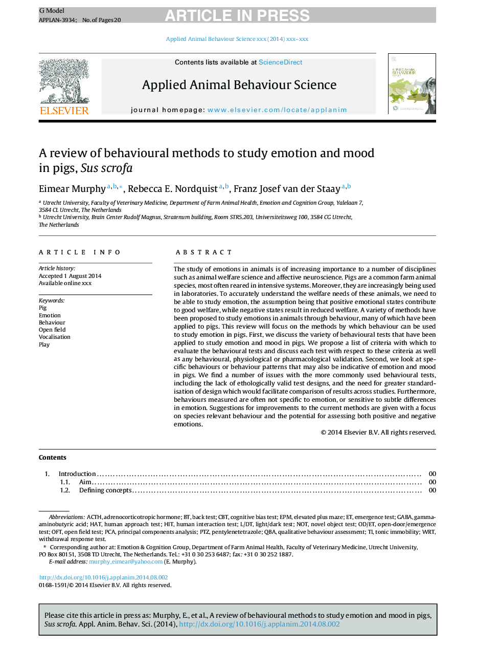 A review of behavioural methods to study emotion and mood in pigs, Sus scrofa