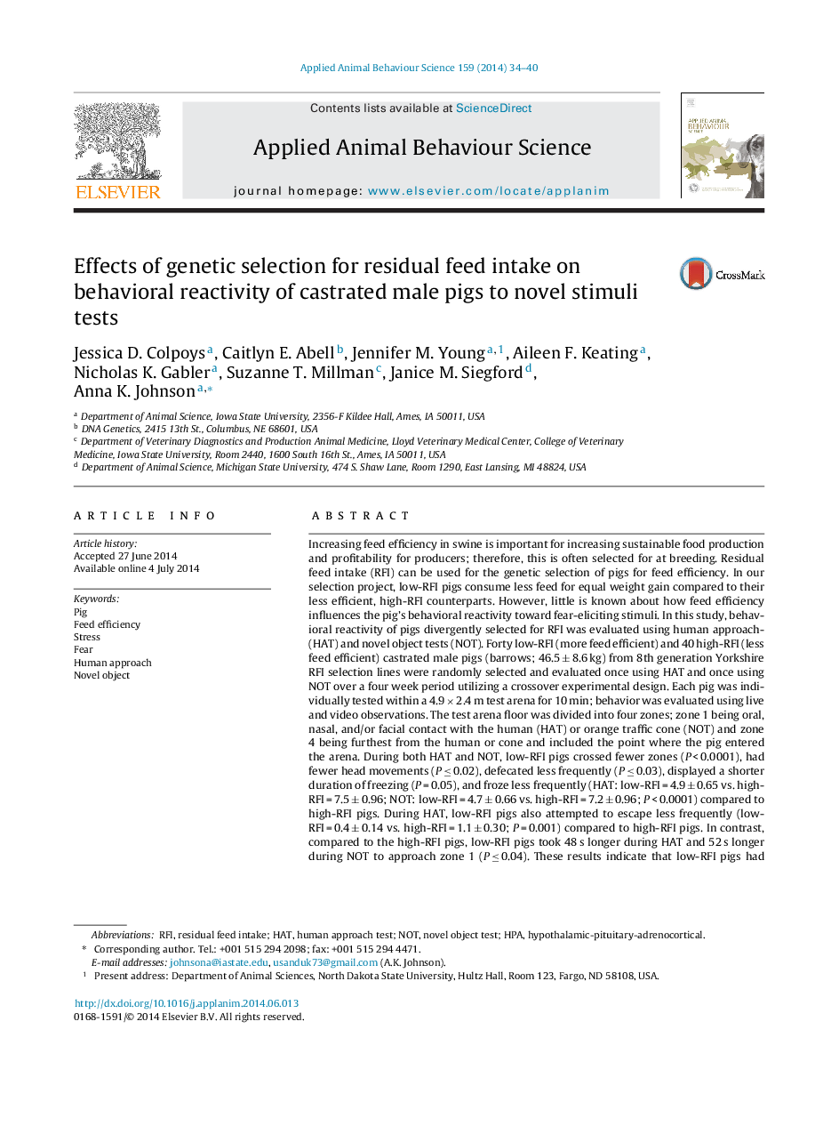 Effects of genetic selection for residual feed intake on behavioral reactivity of castrated male pigs to novel stimuli tests