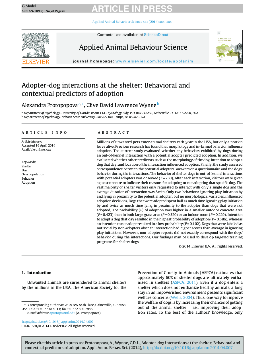 Adopter-dog interactions at the shelter: Behavioral and contextual predictors of adoption