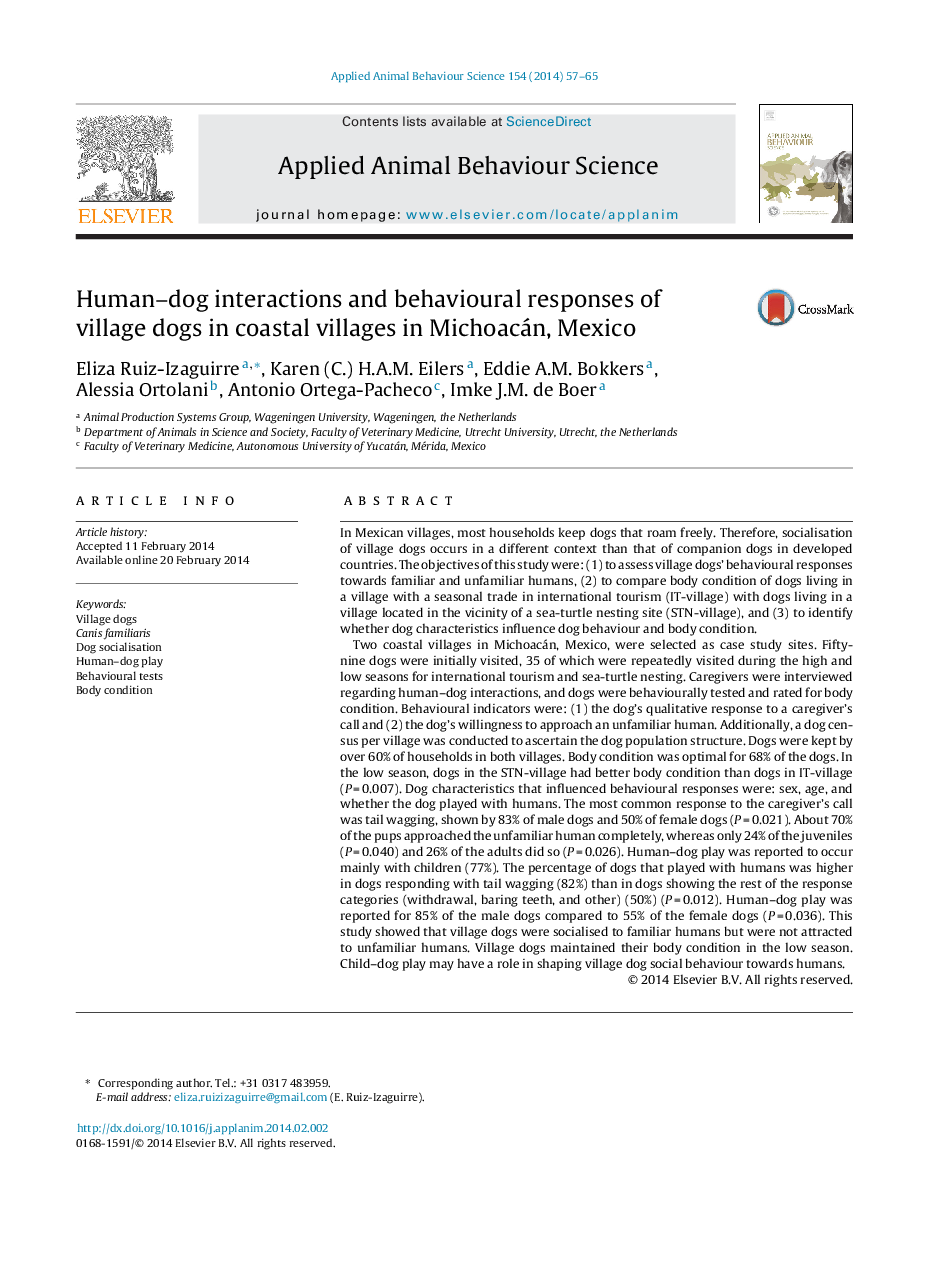 Human-dog interactions and behavioural responses of village dogs in coastal villages in Michoacán, Mexico