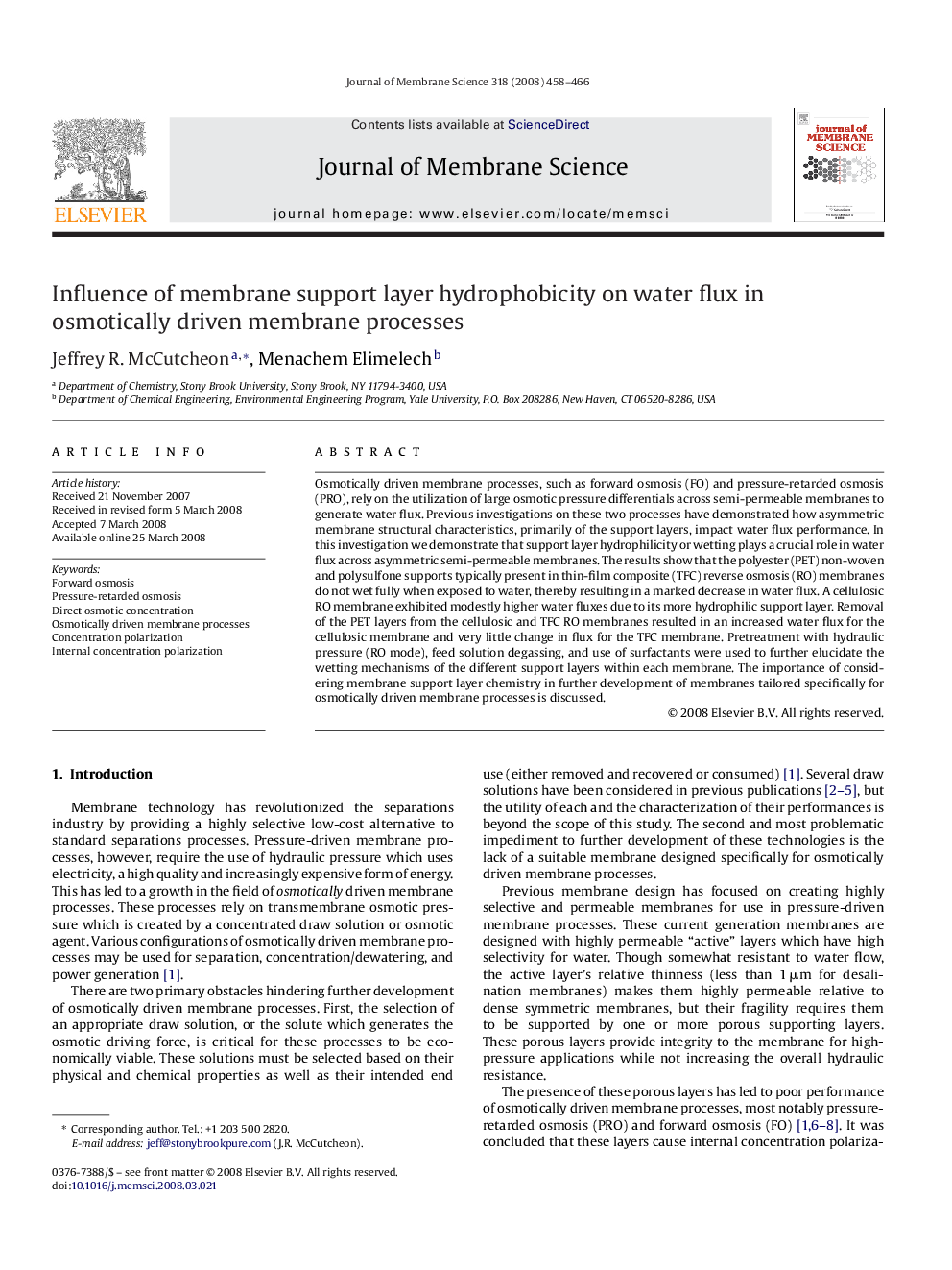 Influence of membrane support layer hydrophobicity on water flux in osmotically driven membrane processes