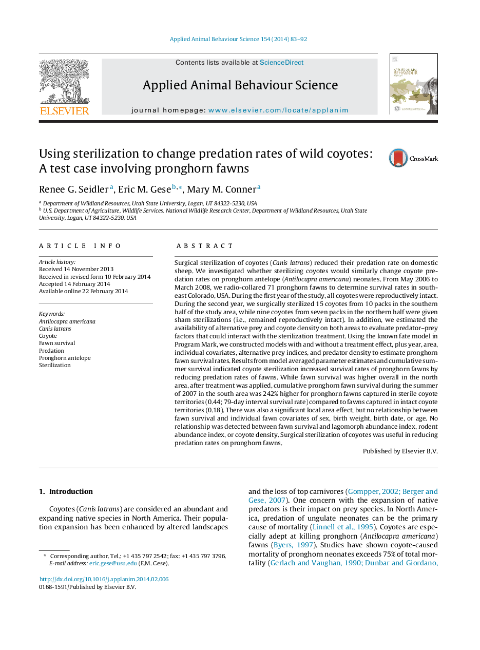 Using sterilization to change predation rates of wild coyotes: A test case involving pronghorn fawns