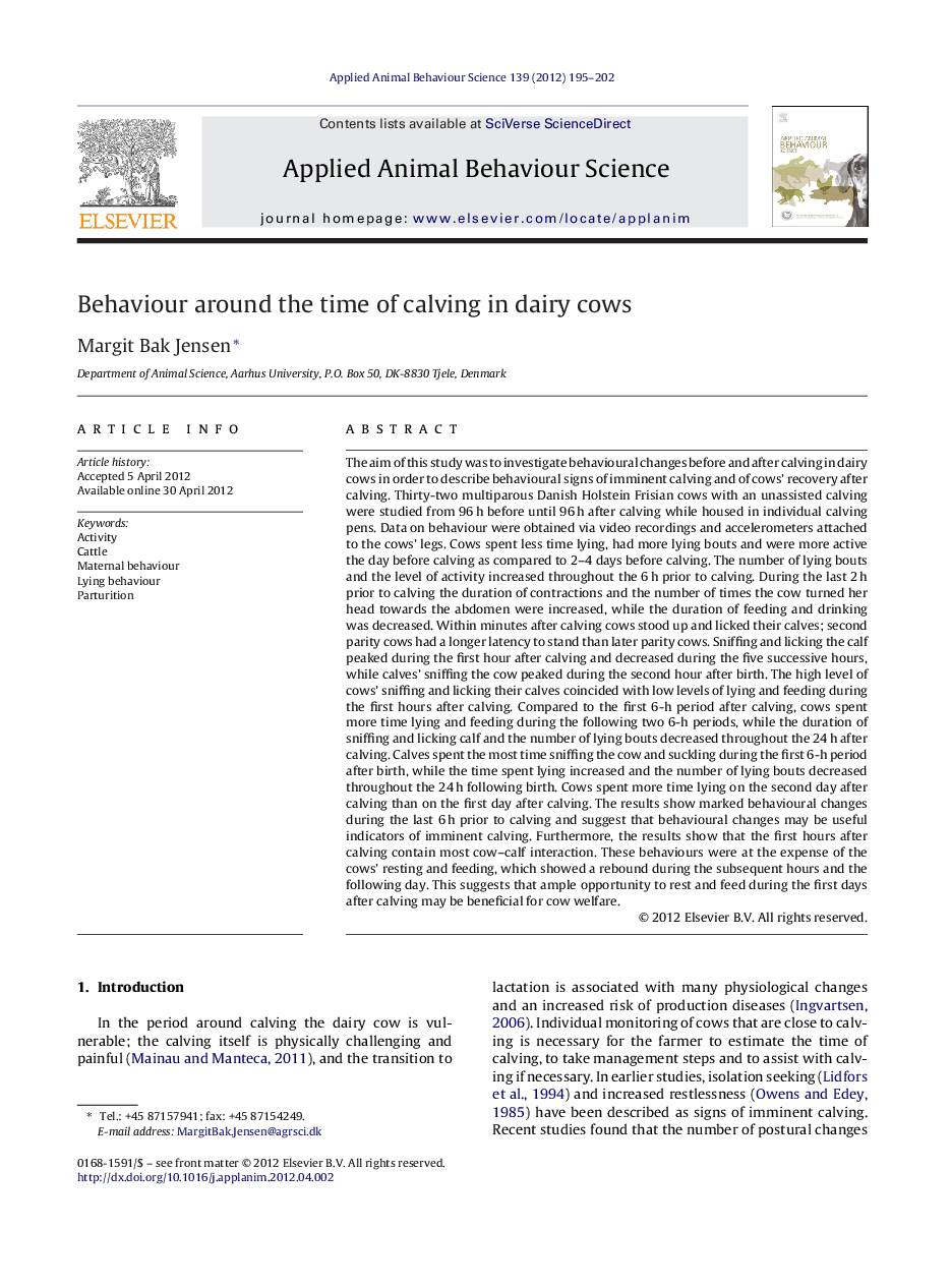 Behaviour around the time of calving in dairy cows