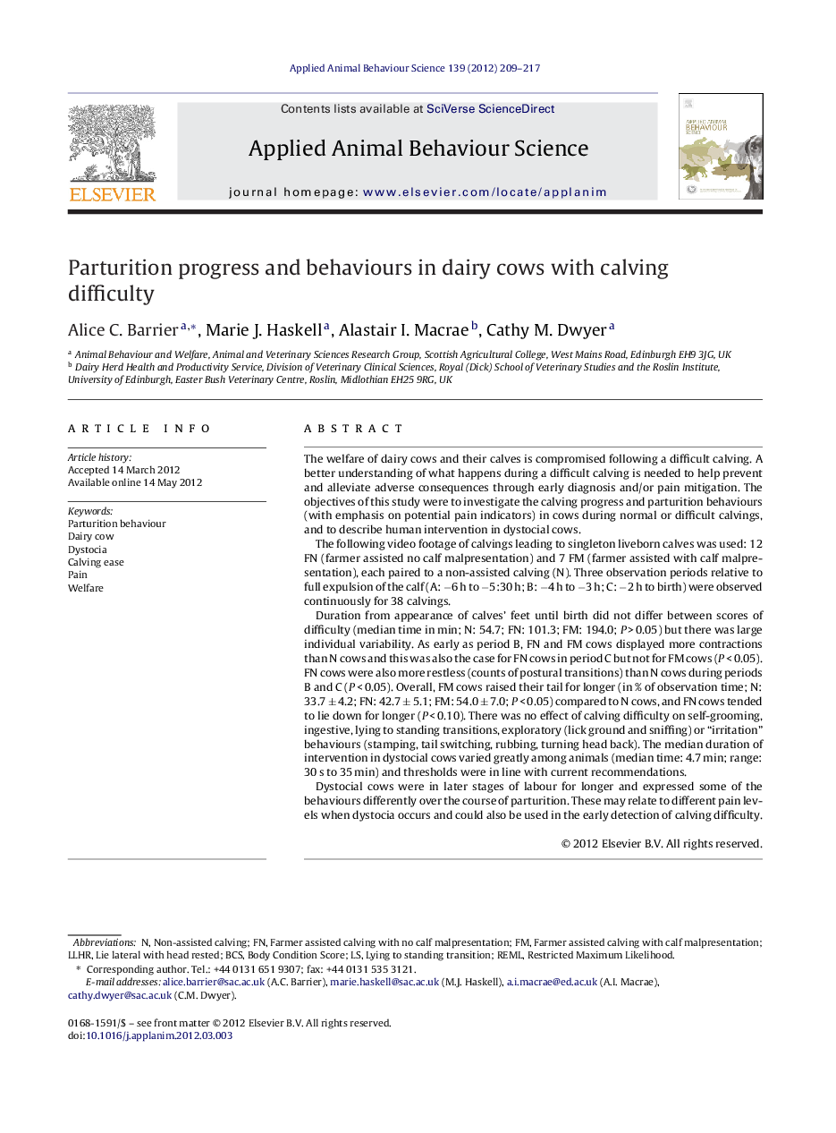 Parturition progress and behaviours in dairy cows with calving difficulty