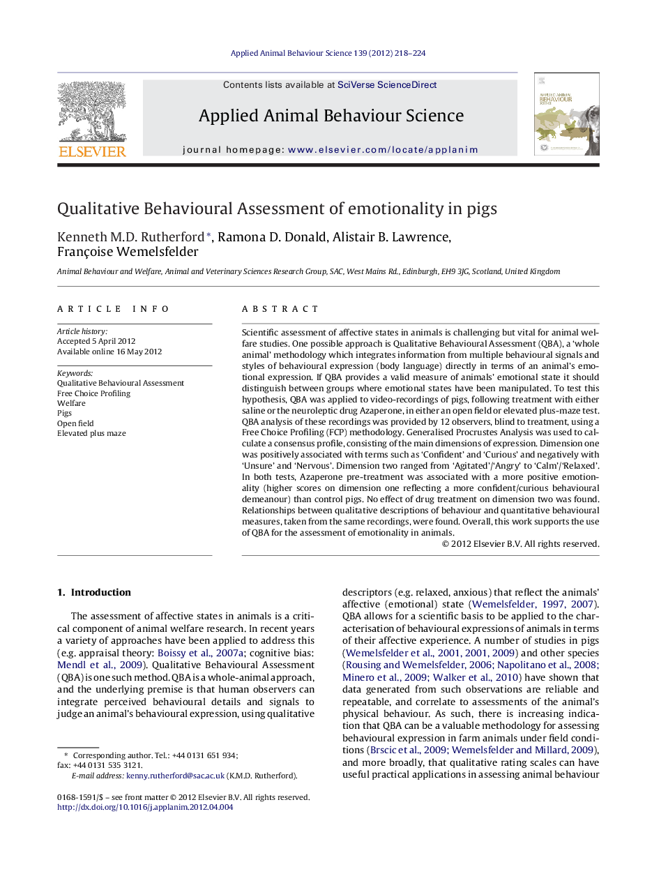 Qualitative Behavioural Assessment of emotionality in pigs