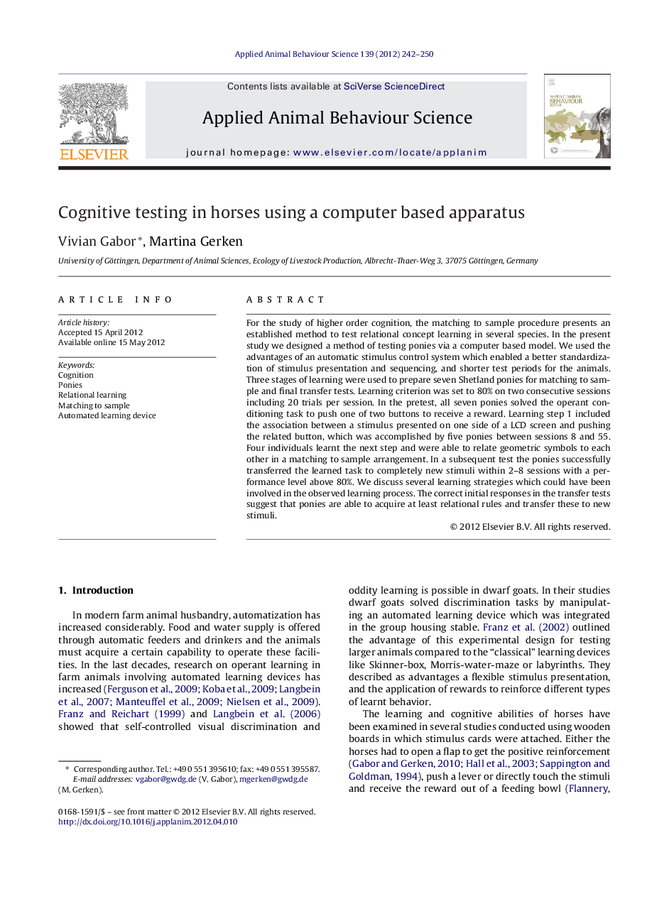 Cognitive testing in horses using a computer based apparatus