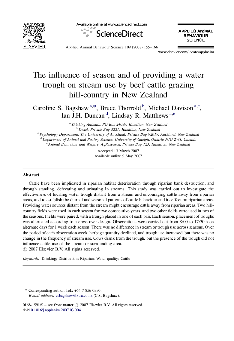 The influence of season and of providing a water trough on stream use by beef cattle grazing hill-country in New Zealand