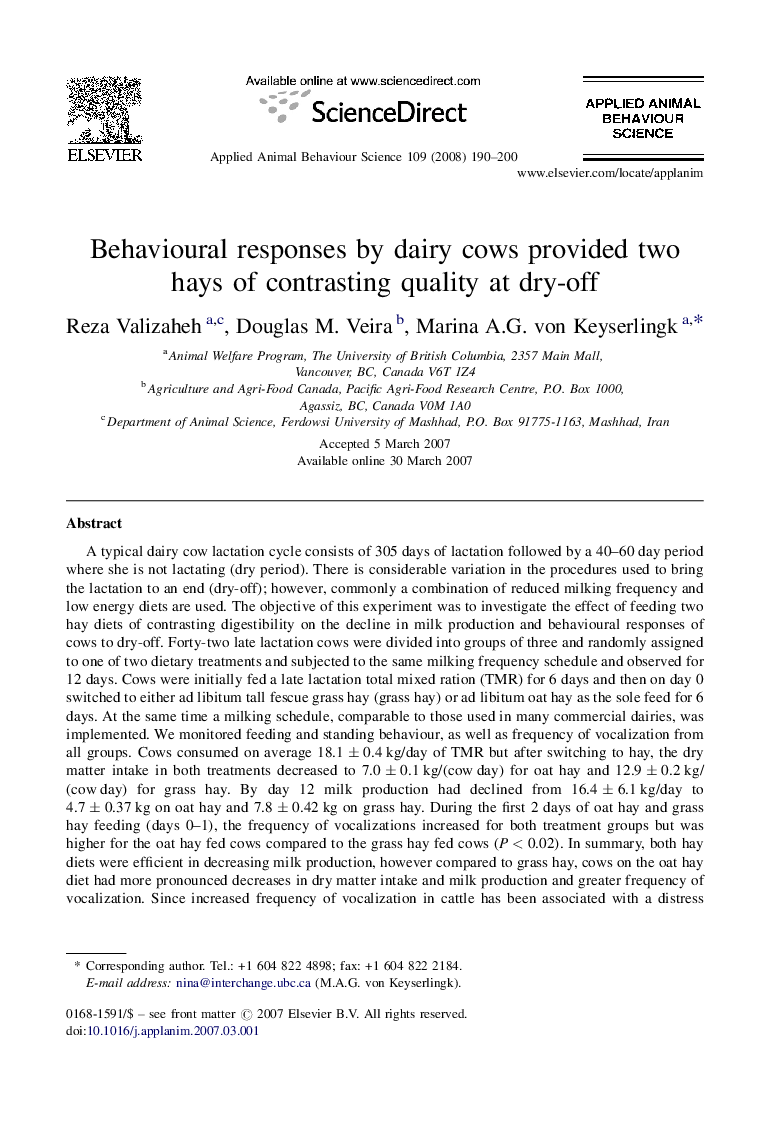 Behavioural responses by dairy cows provided two hays of contrasting quality at dry-off