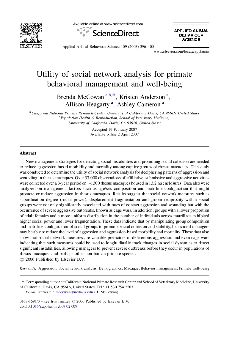 Utility of social network analysis for primate behavioral management and well-being