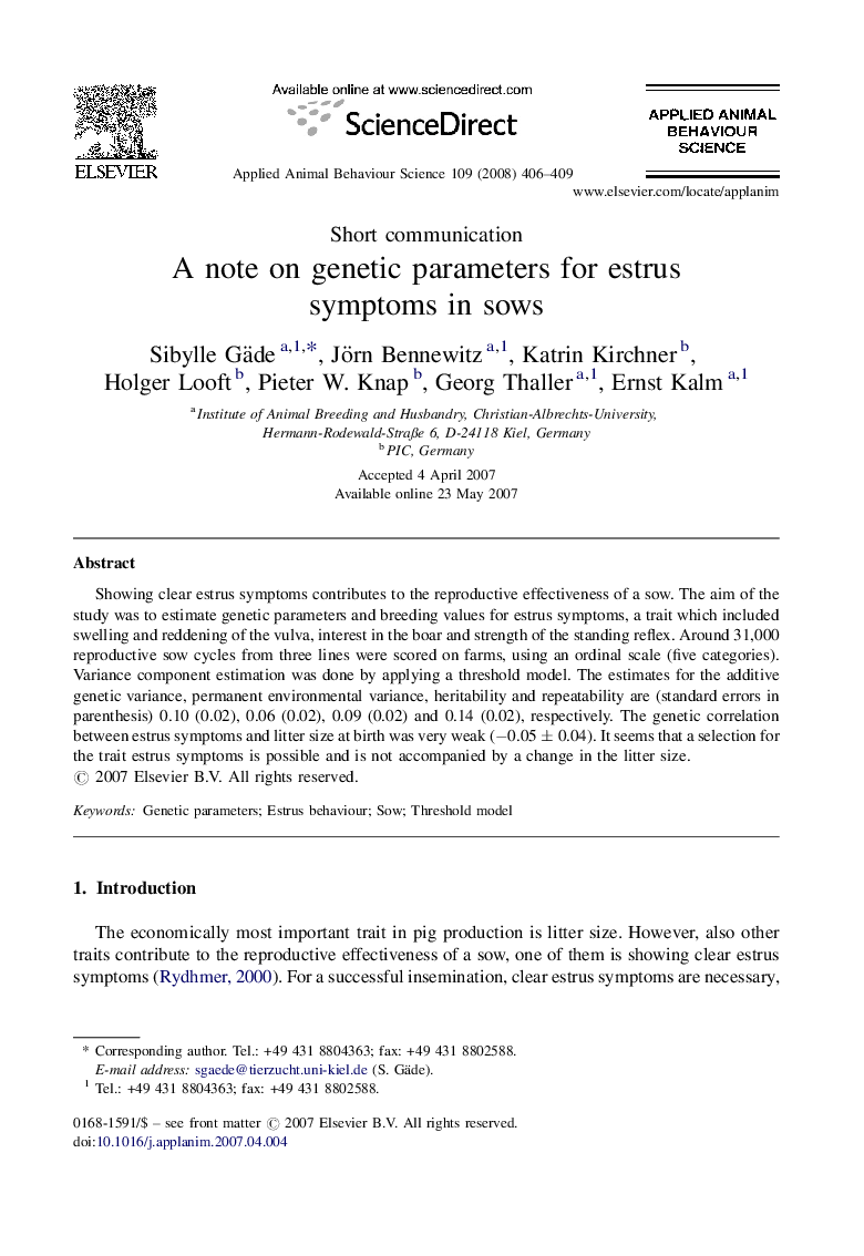 A note on genetic parameters for estrus symptoms in sows