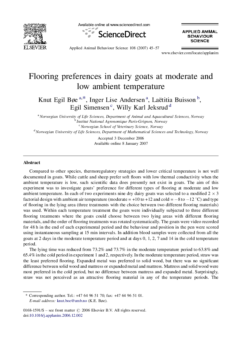 Flooring preferences in dairy goats at moderate and low ambient temperature