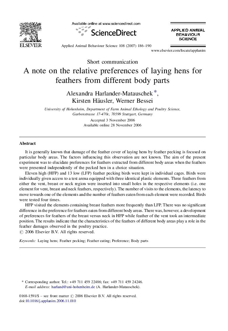 A note on the relative preferences of laying hens for feathers from different body parts
