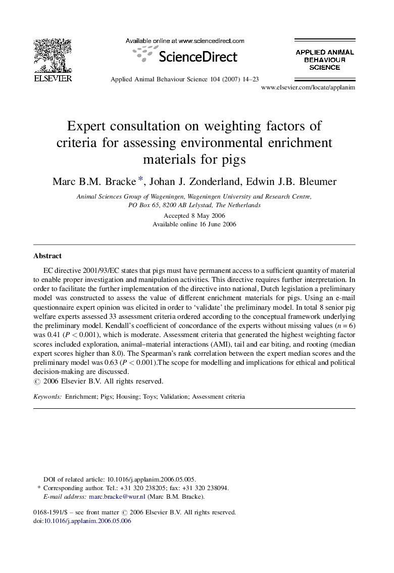 Expert consultation on weighting factors of criteria for assessing environmental enrichment materials for pigs