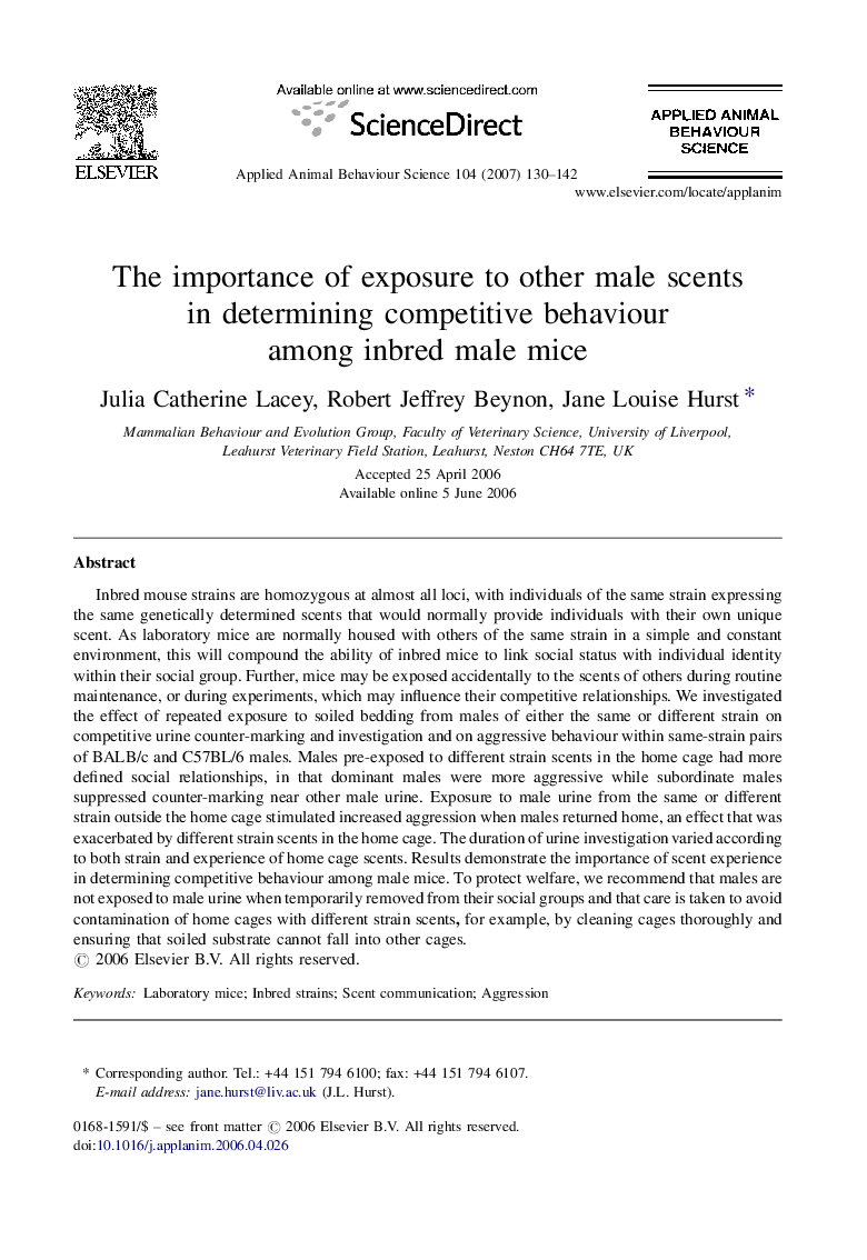The importance of exposure to other male scents in determining competitive behaviour among inbred male mice
