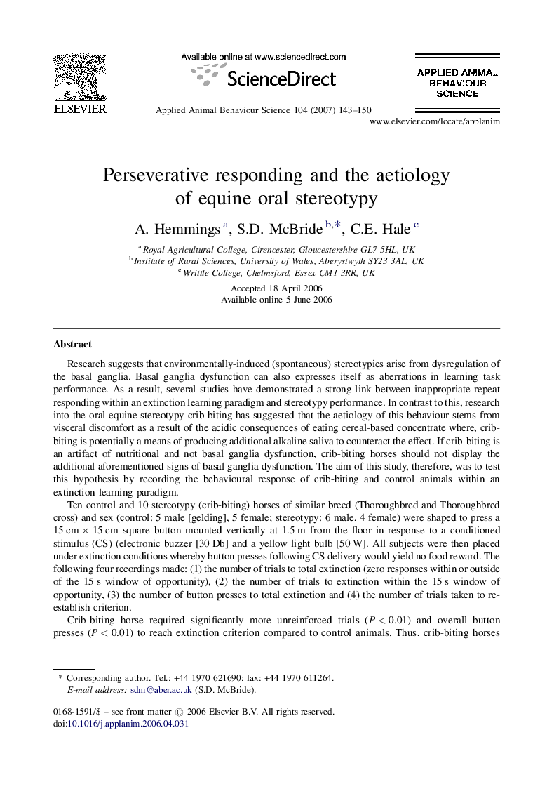 Perseverative responding and the aetiology of equine oral stereotypy