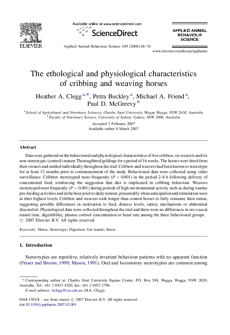 The ethological and physiological characteristics of cribbing and weaving horses