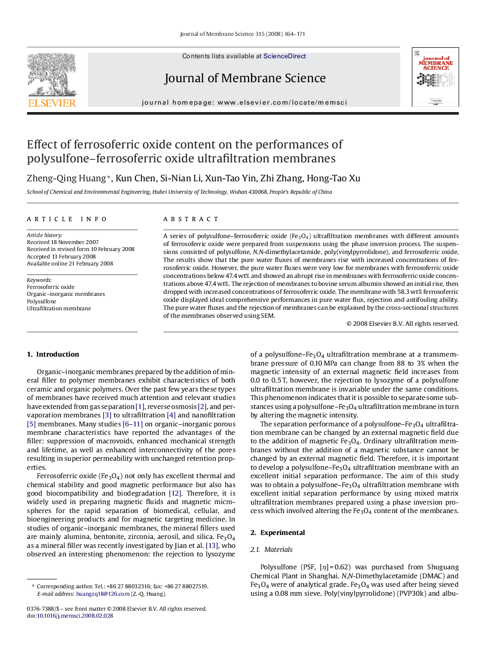 Effect of ferrosoferric oxide content on the performances of polysulfone-ferrosoferric oxide ultrafiltration membranes