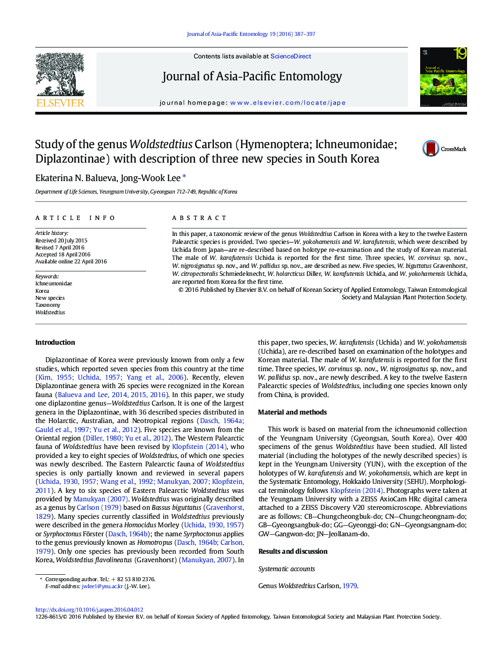 Study of the genus Woldstedtius Carlson (Hymenoptera; Ichneumonidae; Diplazontinae) with description of three new species in South Korea