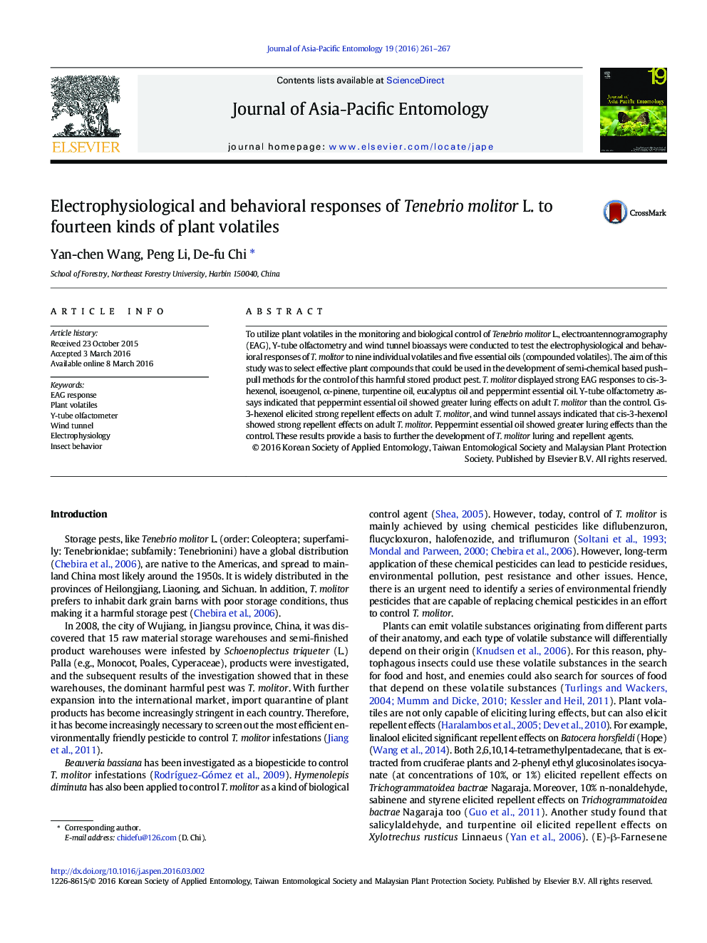 Electrophysiological and behavioral responses of Tenebrio molitor L. to fourteen kinds of plant volatiles