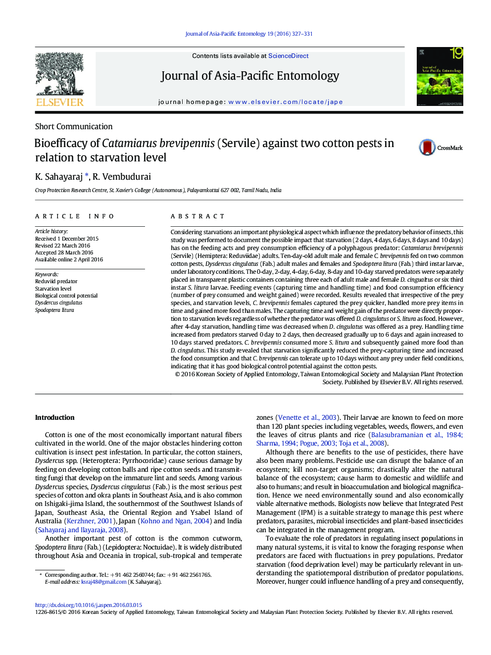 Bioefficacy of Catamiarus brevipennis (Servile) against two cotton pests in relation to starvation level