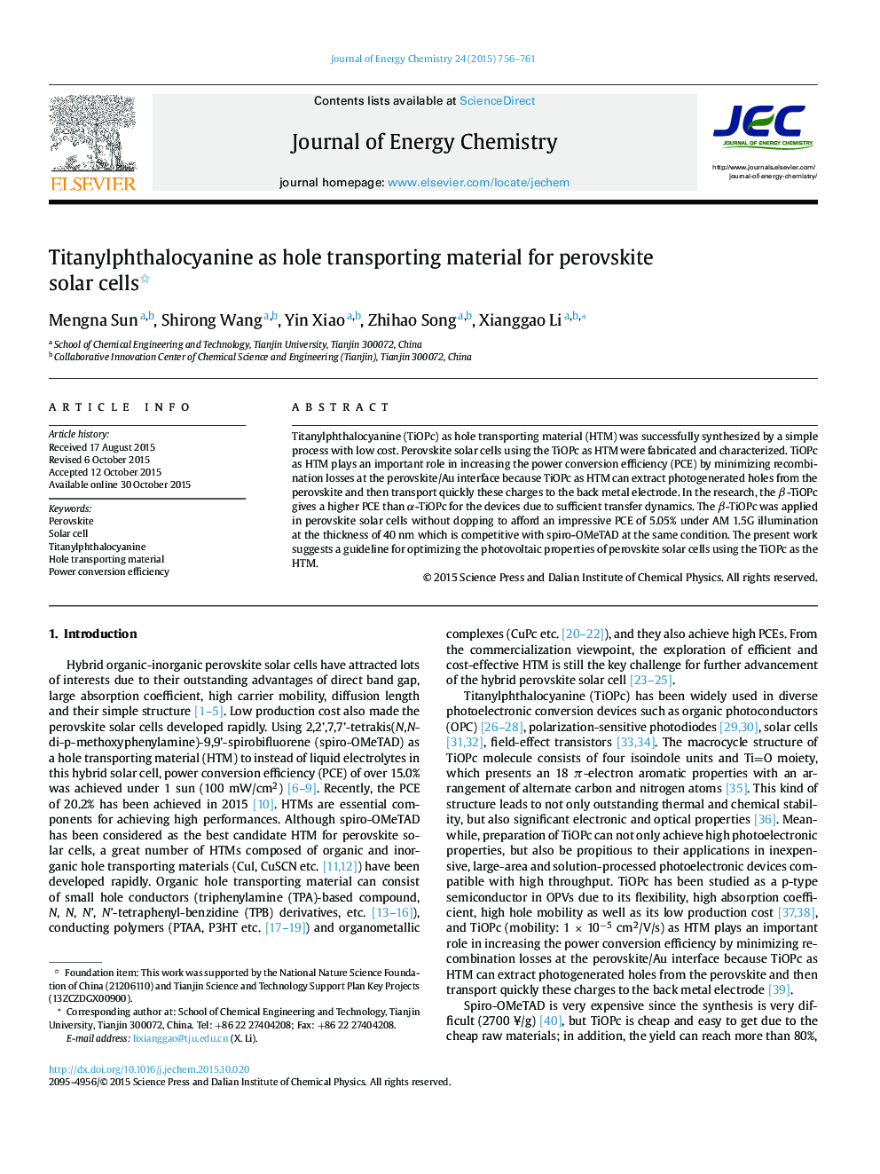 Titanylphthalocyanine as hole transporting material for perovskite solar cells 