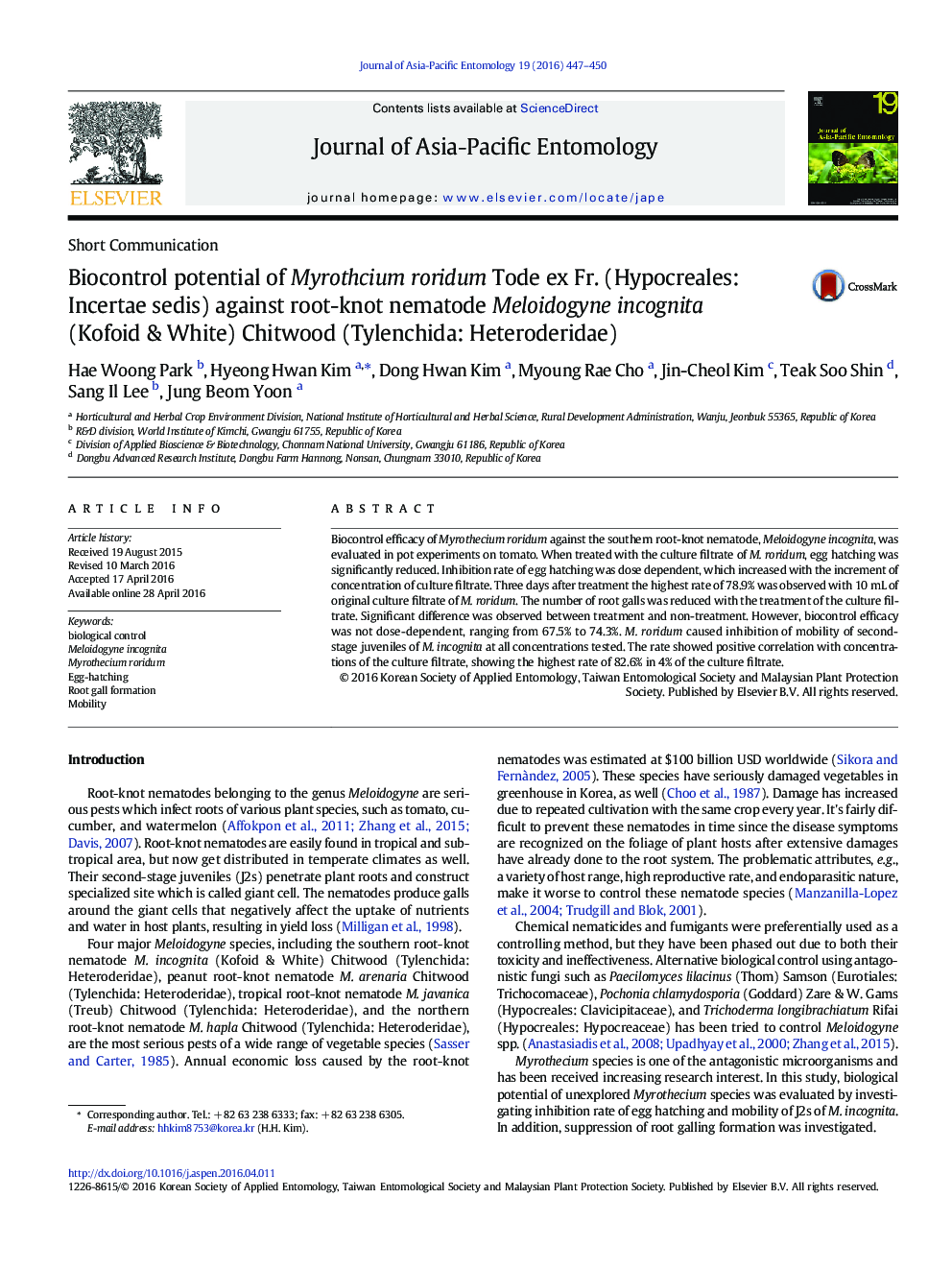 Biocontrol potential of Myrothcium roridum Tode ex Fr. (Hypocreales: Incertae sedis) against root-knot nematode Meloidogyne incognita (Kofoid & White) Chitwood (Tylenchida: Heteroderidae)