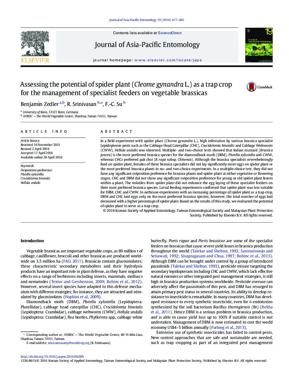 Assessing the potential of spider plant (Cleome gynandra L.) as a trap crop for the management of specialist feeders on vegetable brassicas