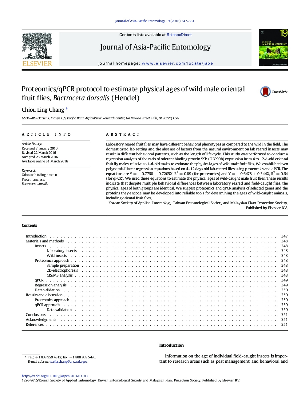 Proteomics/qPCR protocol to estimate physical ages of wild male oriental fruit flies, Bactrocera dorsalis (Hendel)